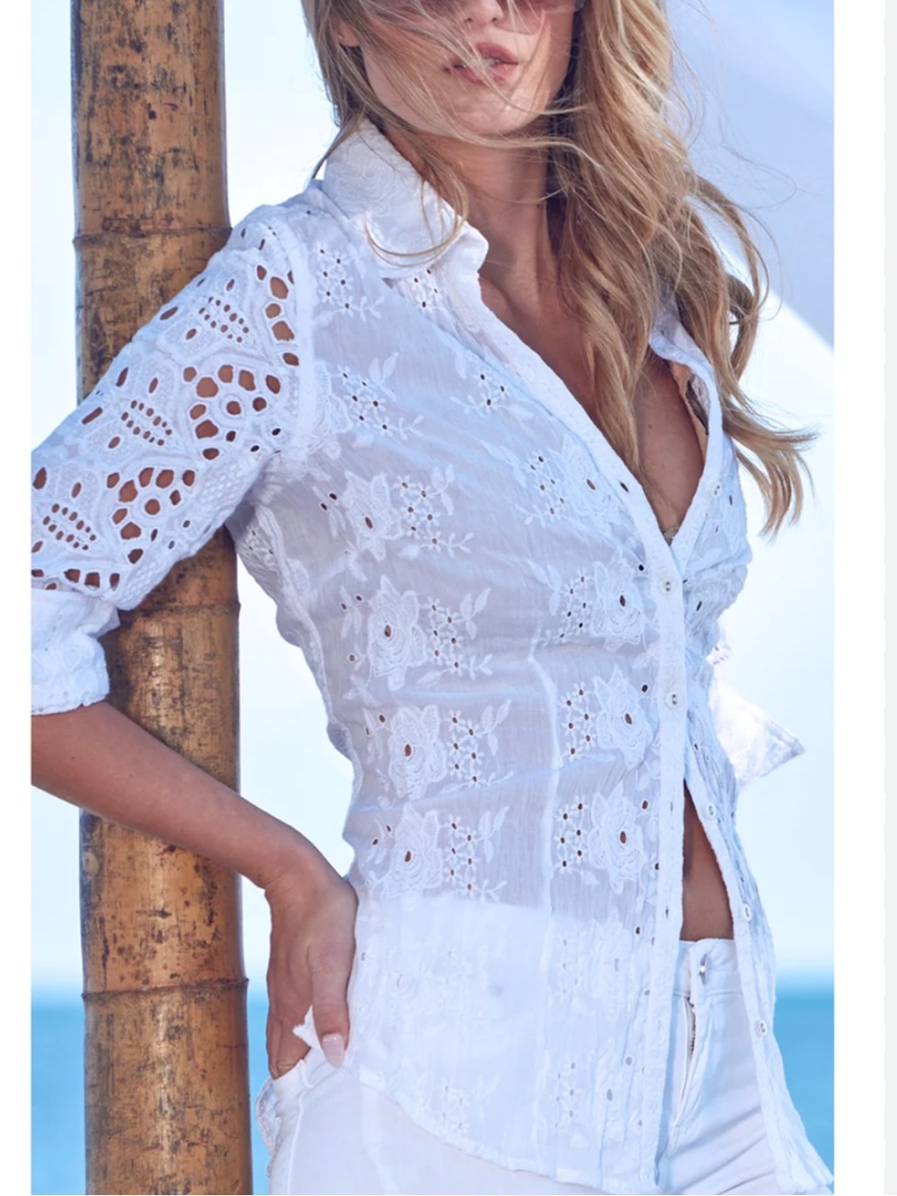 Cino Vintage Maui White Eyelet Button Down Quarter Sleeve Blouse Size Small